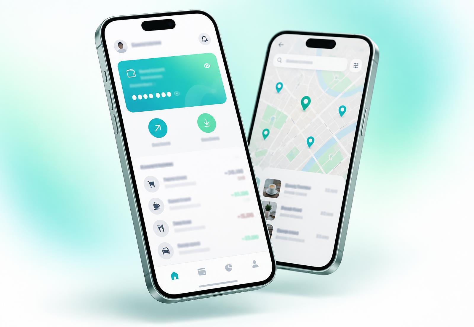 Two phone screens showing a branded wallet balance and a map of participating businesses.