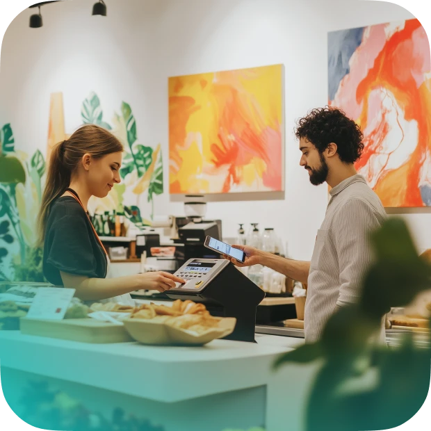 A person paying with a phone at the counter of a small local business.