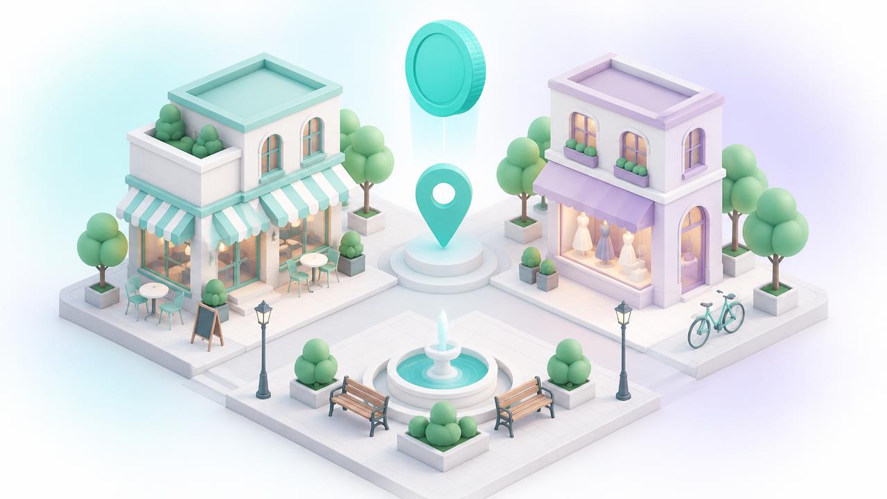 Illustration of a town square with a café, a boutique, a location pin, and a coin.
