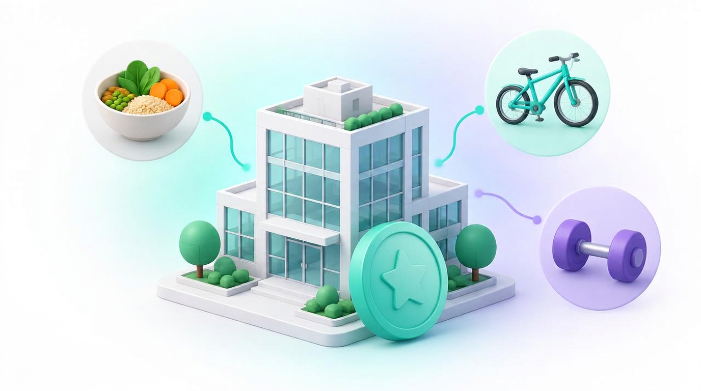 Illustration of an office building with a coin, connected to meals, cycling, and fitness.