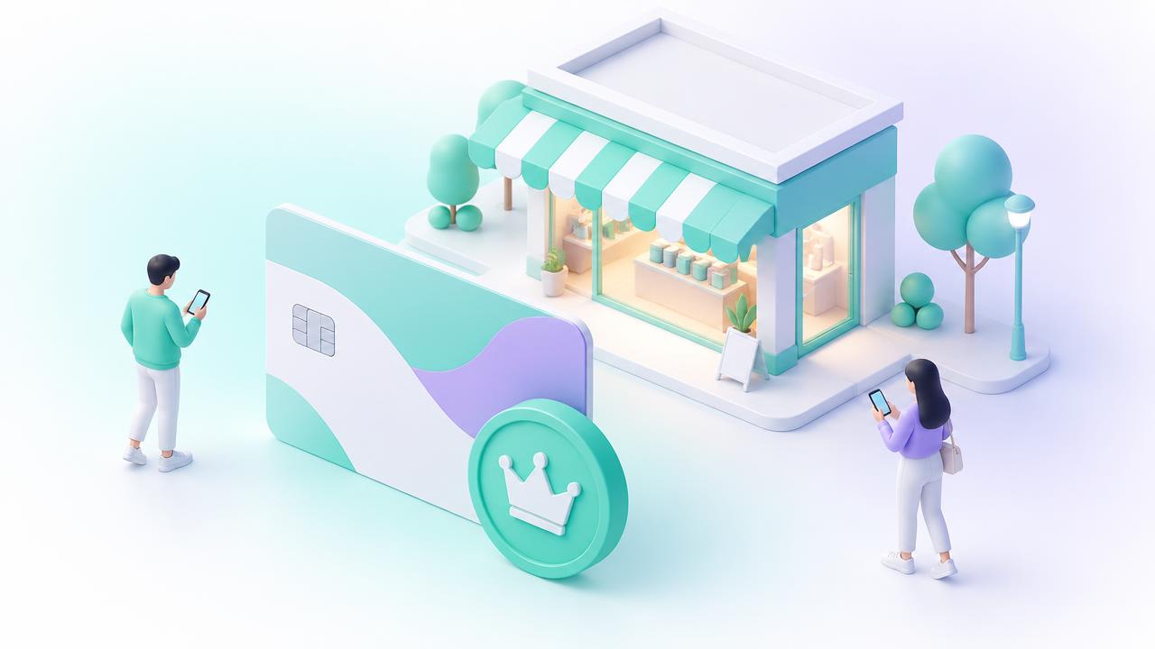 Illustration of a shop with a member card and a coin, and people holding phones.