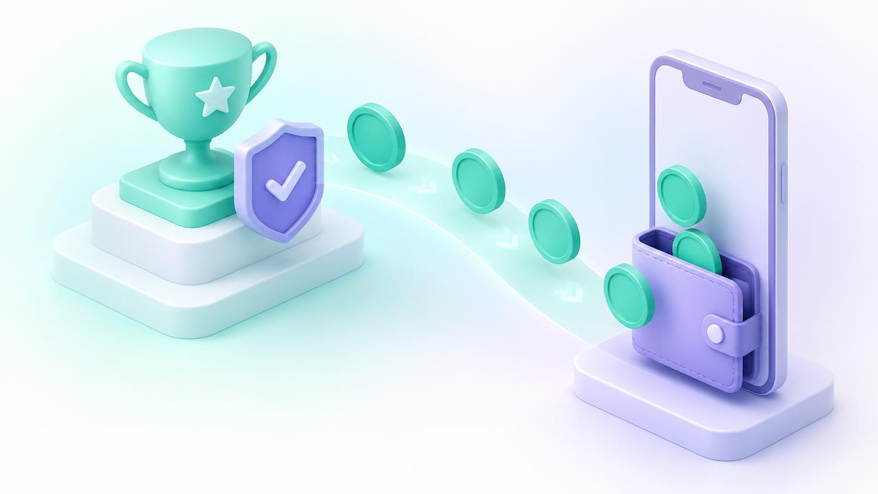 Illustration of a trophy and a check badge with coins flowing into a phone wallet.